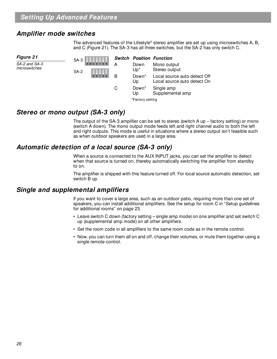 Bose SA-2 manual Setting Up Advanced Features, Amplifier mode switches, Stereo or mono output SA-3 only 