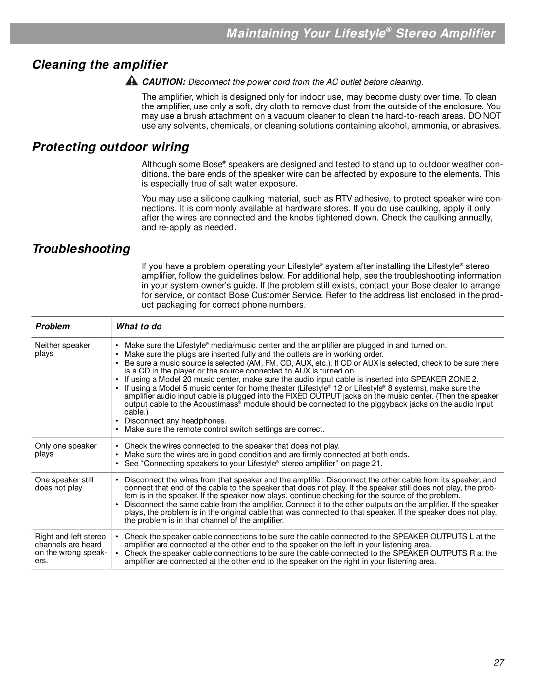 Bose SA-3 Maintaining Your Lifestyle Stereo Amplifier, Cleaning the amplifier, Protecting outdoor wiring, Troubleshooting 