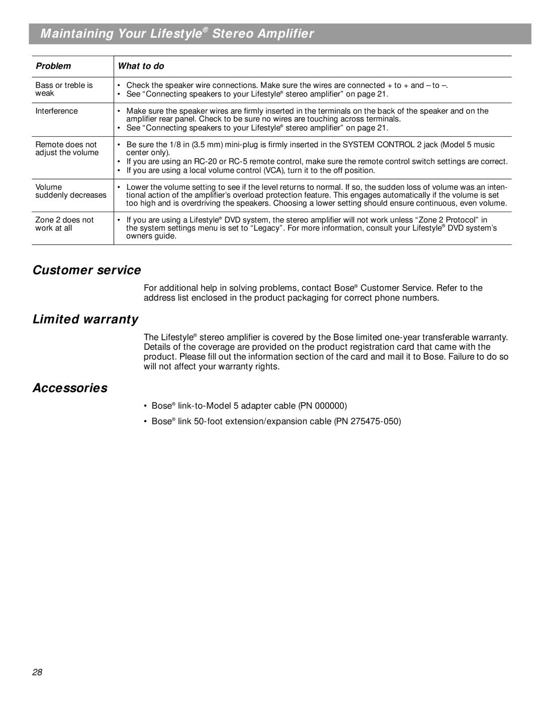 Bose SA-2, SA-3 manual Customer service, Limited warranty, Accessories 