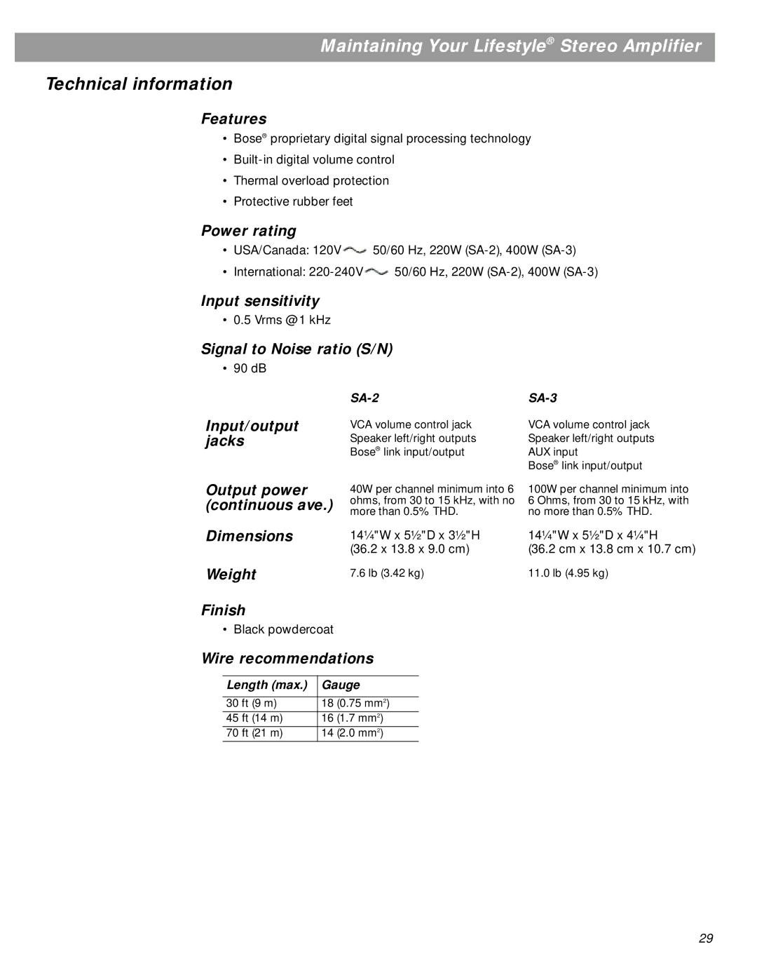 Bose SA-3, SA-2 manual Technical information 