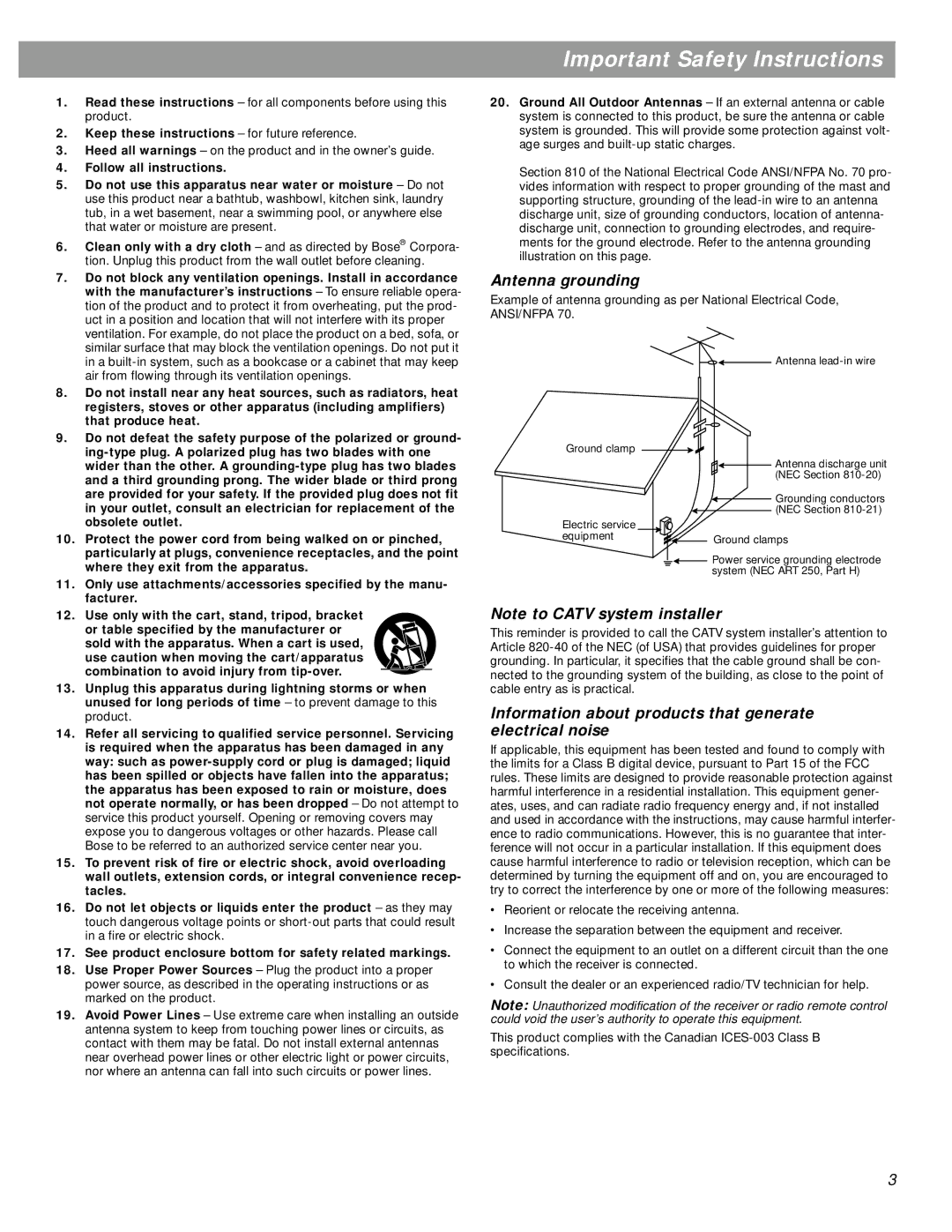 Bose SA-3 Important Safety Instructions, Antenna grounding, Information about products that generate electrical noise 