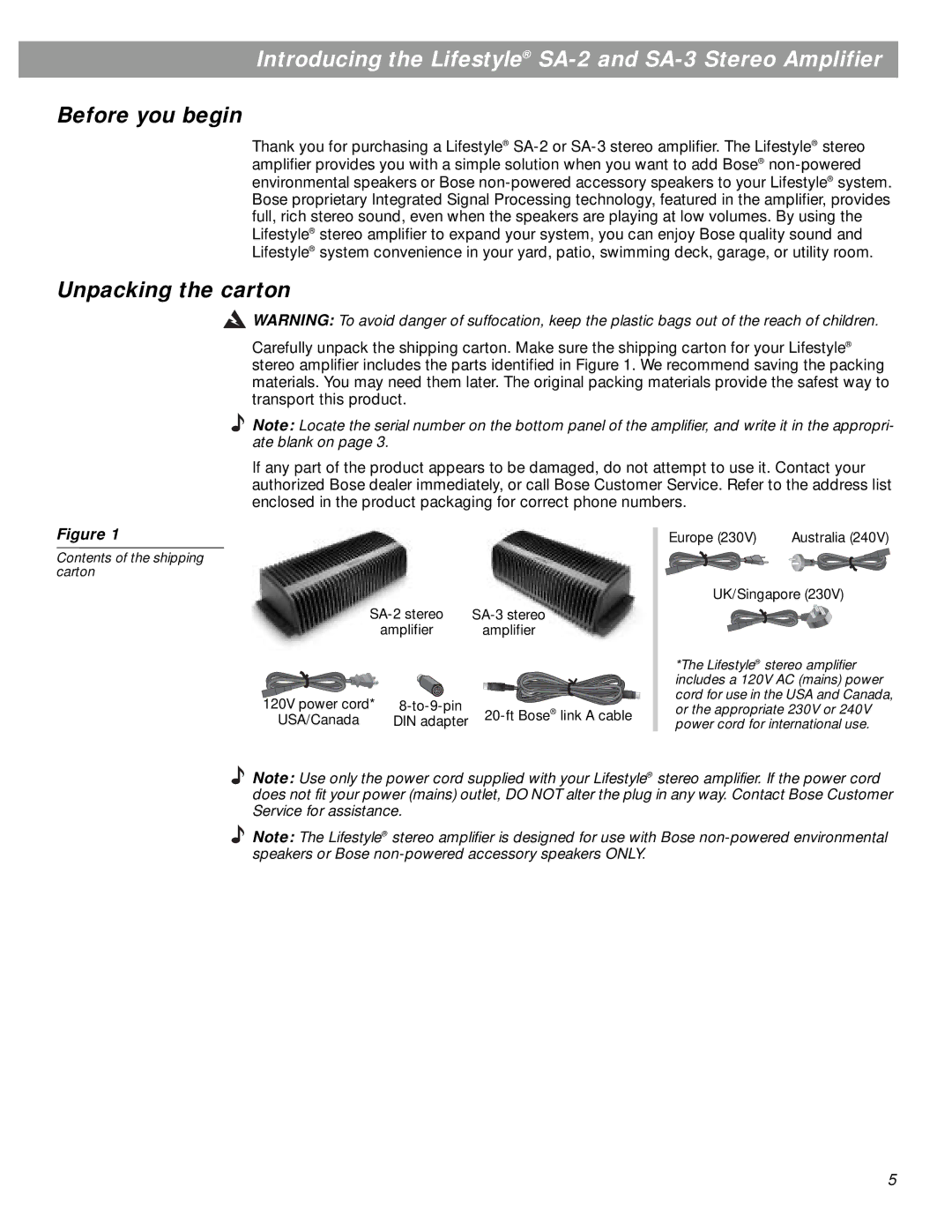 Bose manual Introducing the Lifestyle SA-2 and SA-3 Stereo Amplifier, Before you begin, Unpacking the carton 