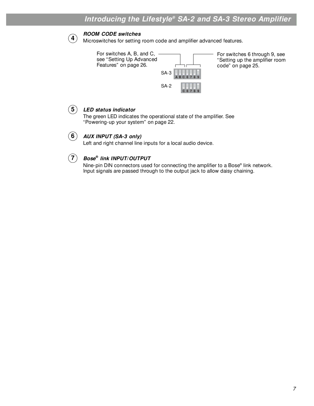 Bose SA-2 manual Room Code switches, LED status indicator, AUX Input SA-3 only, Bose link INPUT/OUTPUT 