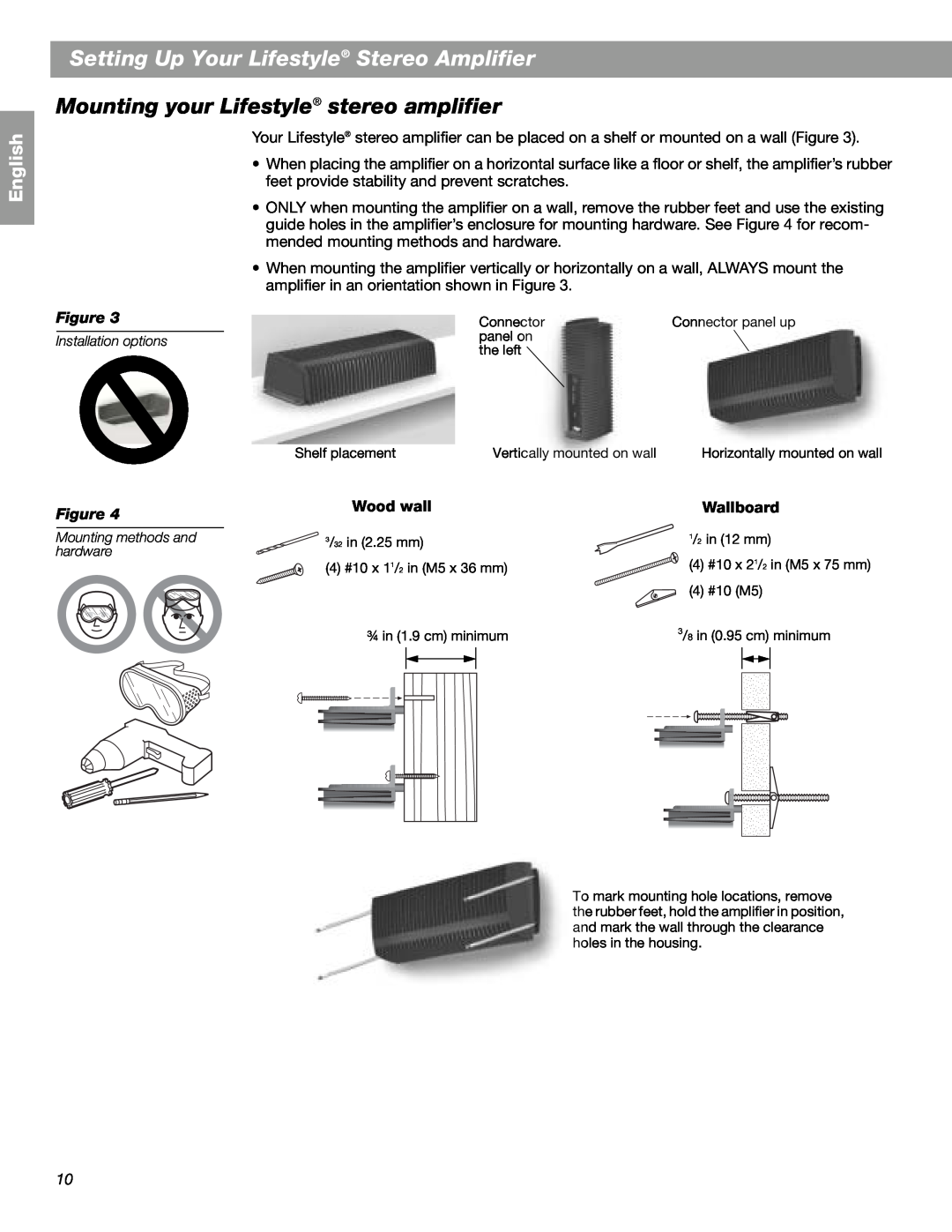 Bose SA-2, SA-3 Mounting your Lifestyle stereo amplifier, Wood wall, Wallboard, Setting Up Your Lifestyle Stereo Amplifier 