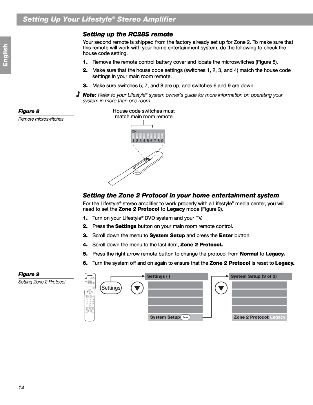 Bose SA-2 Setting up the RC28S remote, Setting the Zone 2 Protocol in your home entertainment system, Settings, English 