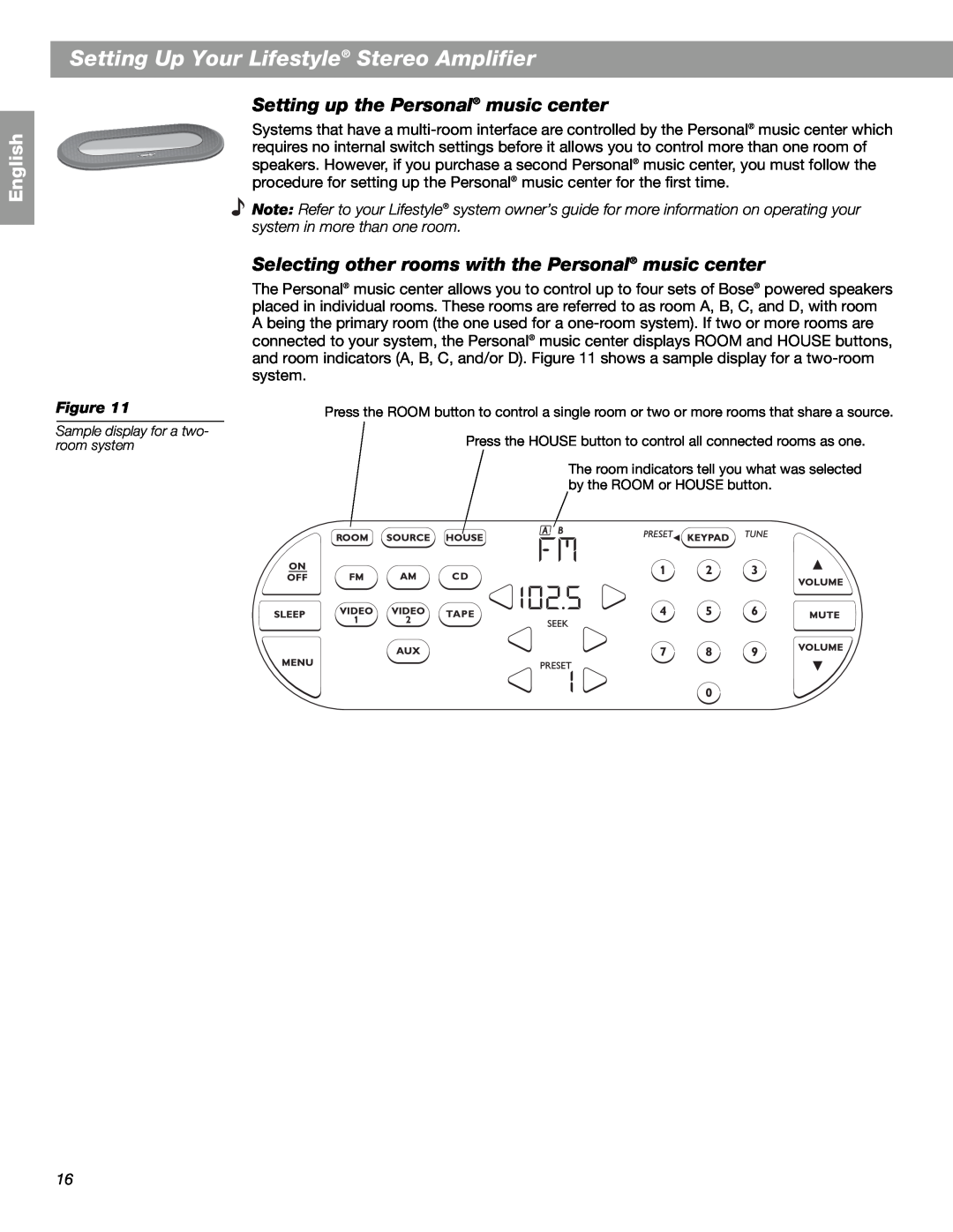 Bose SA-2, SA-3 manual Setting up the Personal music center, Selecting other rooms with the Personal music center, English 