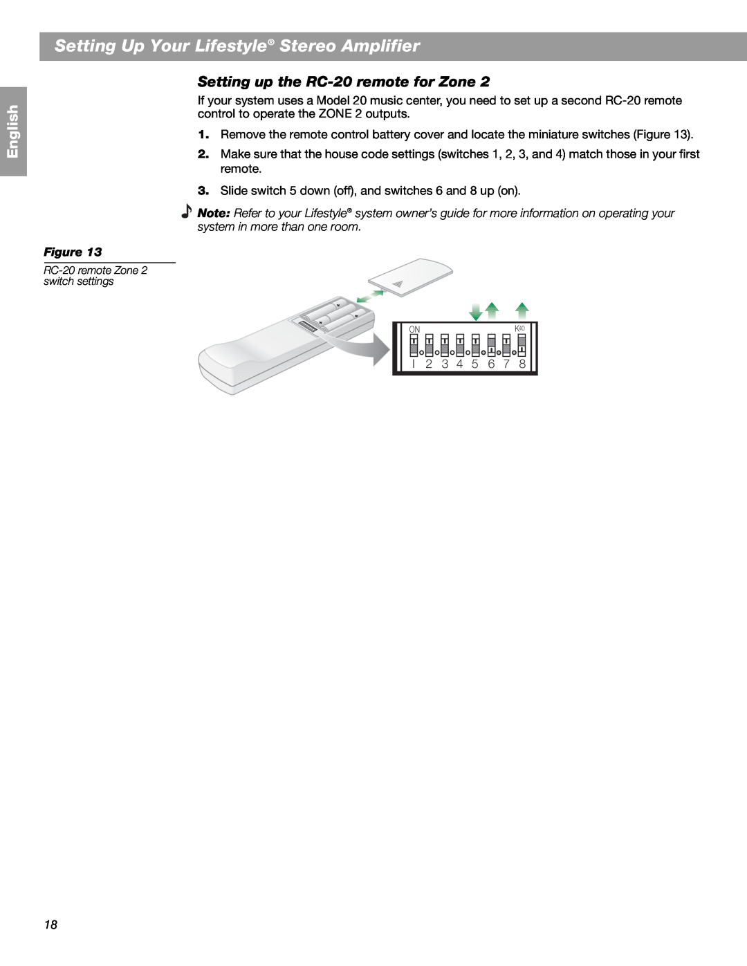 Bose SA-2, SA-3 manual Setting up the RC-20 remote for Zone, Setting Up Your Lifestyle Stereo Amplifier, English 