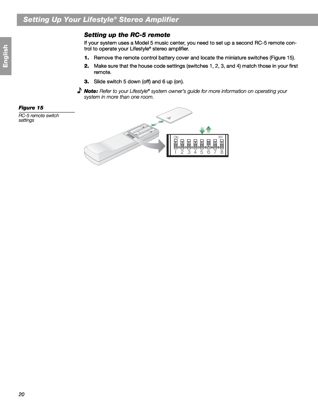 Bose SA-2 Setting up the RC-5 remote, Setting Up Your Lifestyle Stereo Amplifier, English, RC-5 remote switch settings 