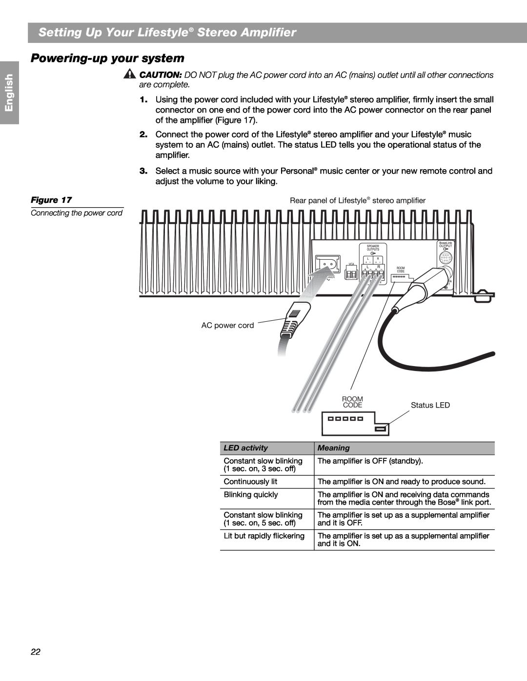 Bose SA-2, SA-3 manual Powering-up your system, Setting Up Your Lifestyle Stereo Amplifier, English, LED activity, Meaning 