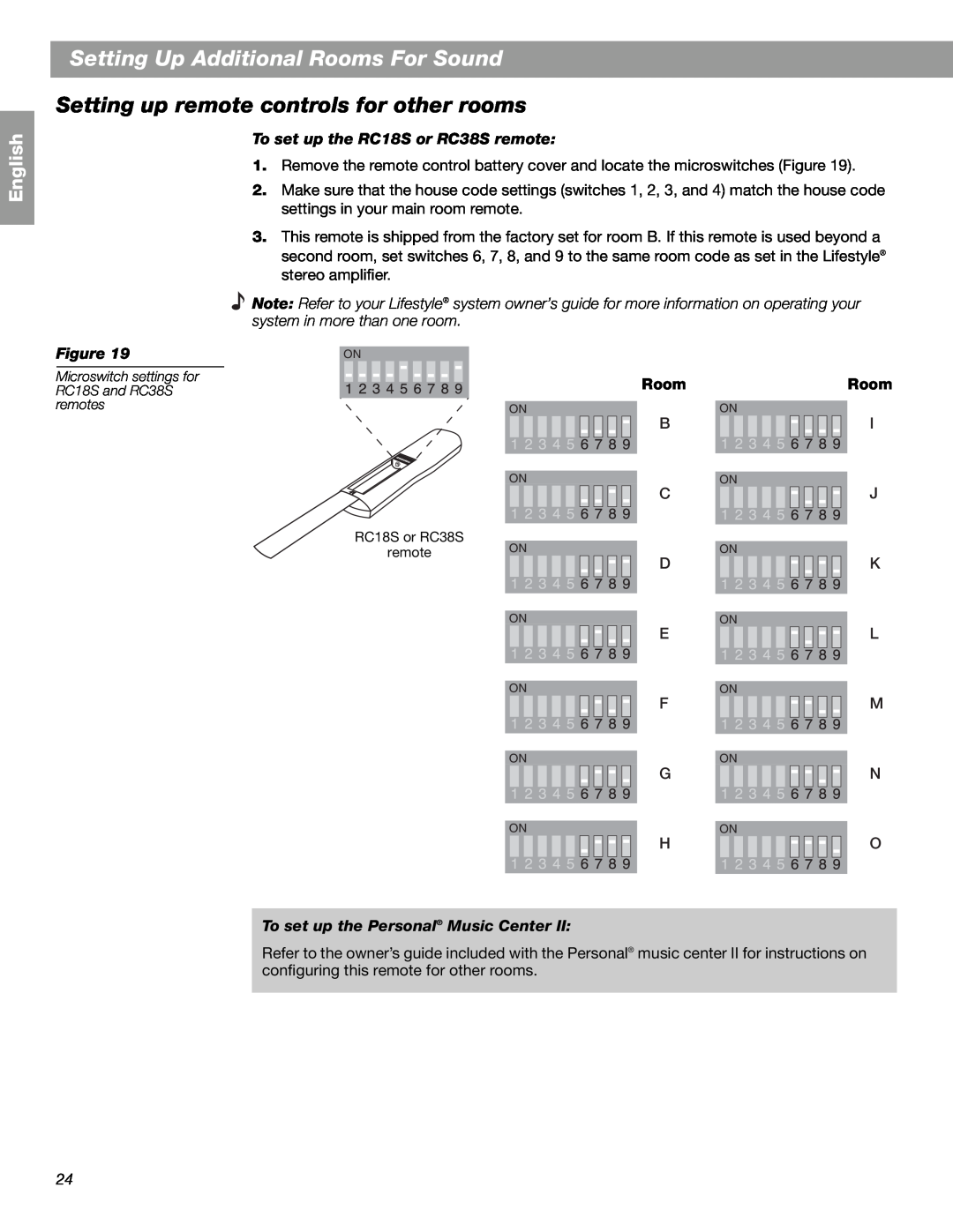 Bose SA-2, SA-3 manual Setting up remote controls for other rooms, To set up the RC18S or RC38S remote, Room, English 