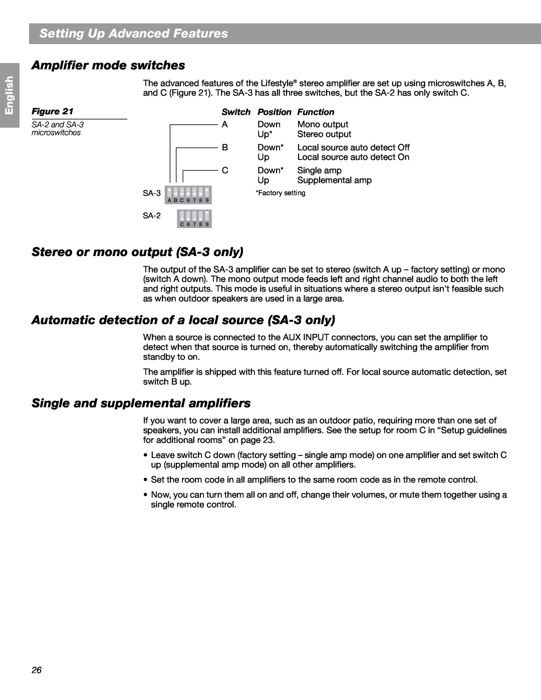 Bose SA-2 manual Setting Up Advanced Features, Amplifier mode switches, Stereo or mono output SA-3 only, Switch, Position 