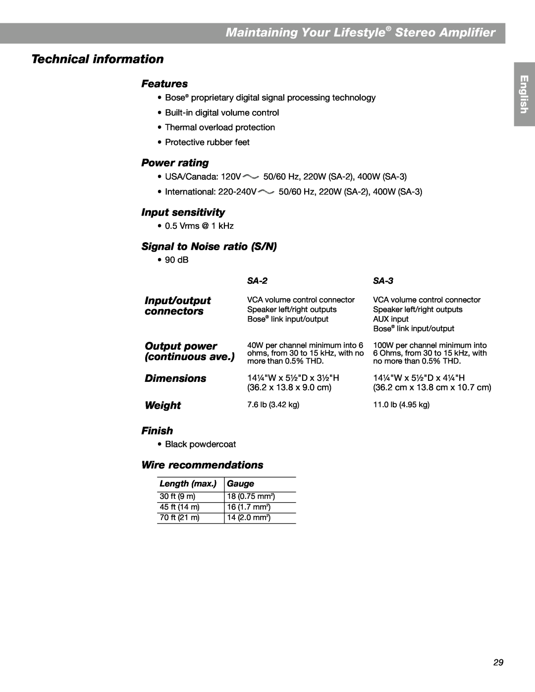 Bose SA-3 Technical information, Features, Power rating, Input sensitivity, Signal to Noise ratio S/N, Input/output, SA-2 