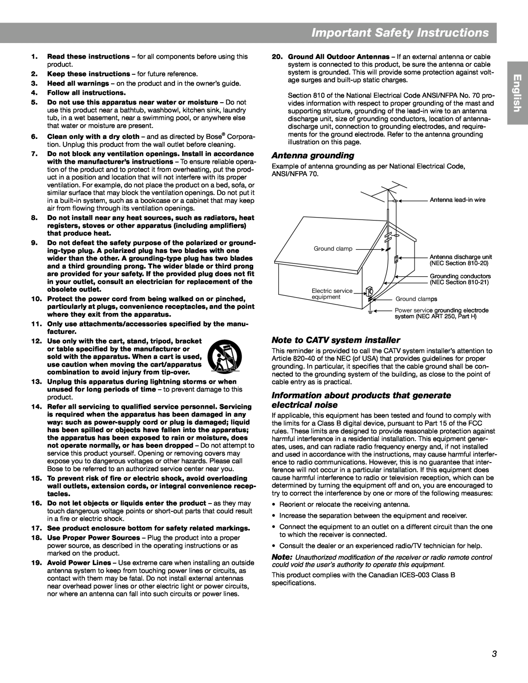 Bose SA-3, SA-2 manual Important Safety Instructions, Antenna grounding, Note to CATV system installer, English 