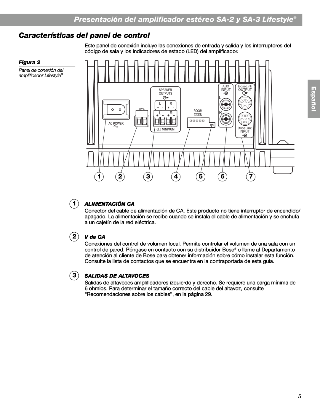 Bose SA-3, SA-2 manual Características del panel de control, Alimentación Ca, V de CA, Salidas De Altavoces, Español, Figura 