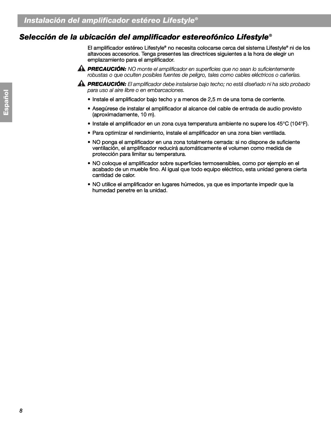 Bose SA-2, SA-3 manual Selección de la ubicación del amplificador estereofónico Lifestyle, Español 