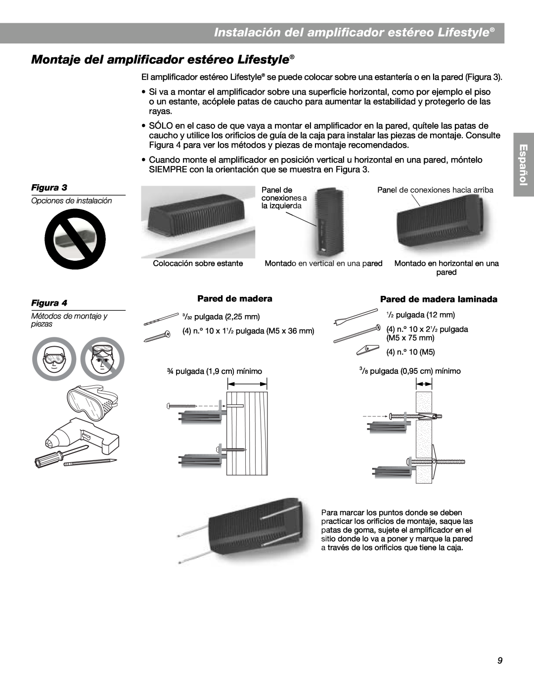 Bose SA-3, SA-2 manual Montaje del amplificador estéreo Lifestyle, Pared de madera laminada, Español, Figura 