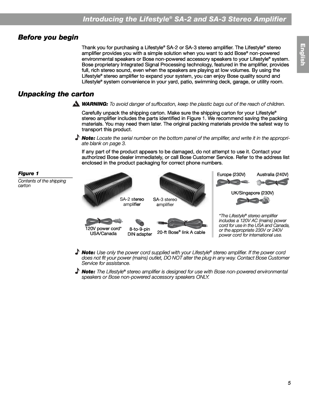 Bose manual Introducing the Lifestyle SA-2 and SA-3 Stereo Amplifier, Before you begin, Unpacking the carton, English 