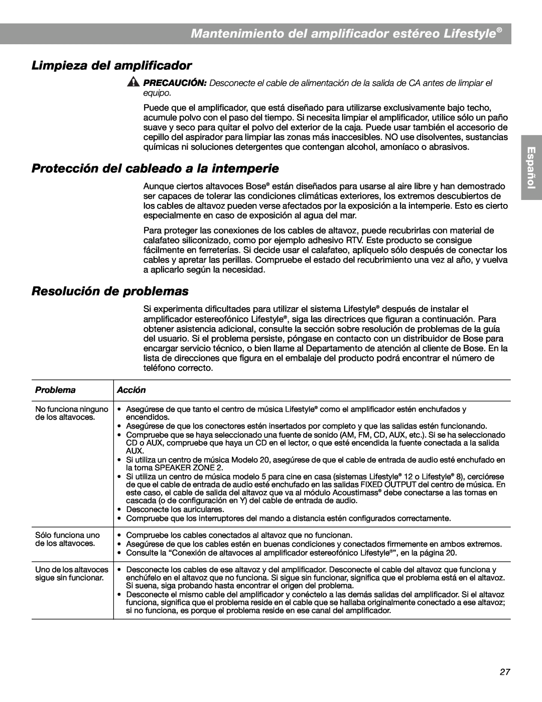 Bose SA-3 Mantenimiento del amplificador estéreo Lifestyle, Limpieza del amplificador, Resolución de problemas, Problema 