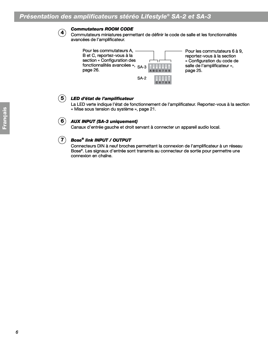 Bose SA-2 manual Commutateurs ROOM CODE, LED d’état de l’amplificateur, AUX INPUT SA-3 uniquement, Bose link INPUT / OUTPUT 