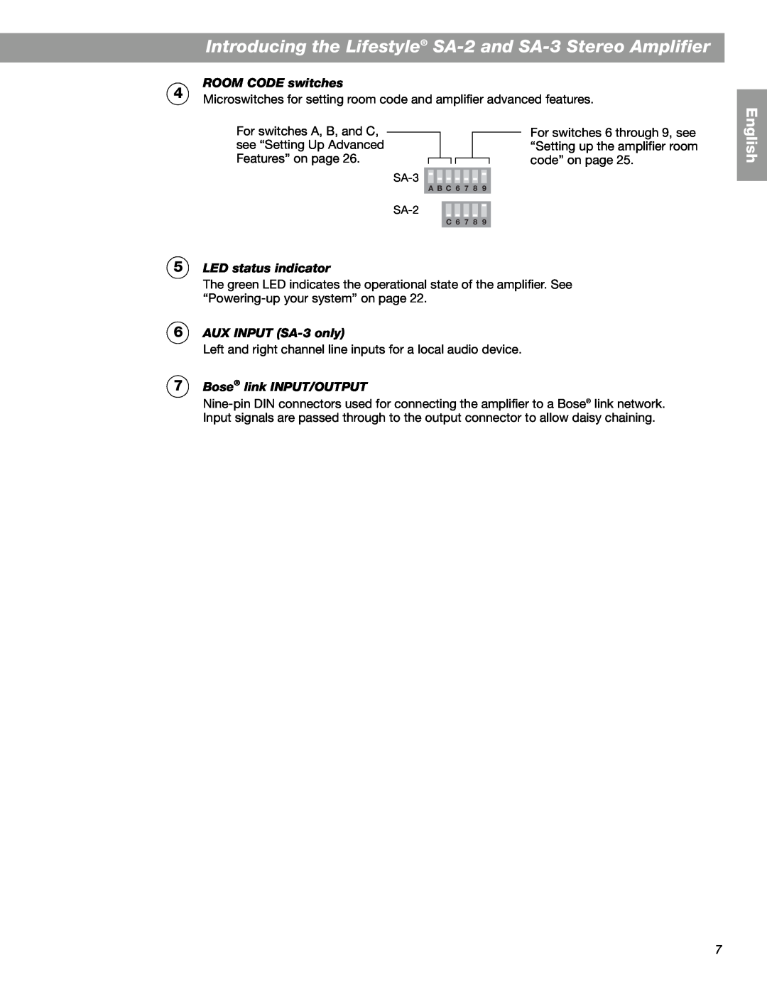 Bose SA-2 manual ROOM CODE switches, LED status indicator, AUX INPUT SA-3 only, Bose link INPUT/OUTPUT, English 