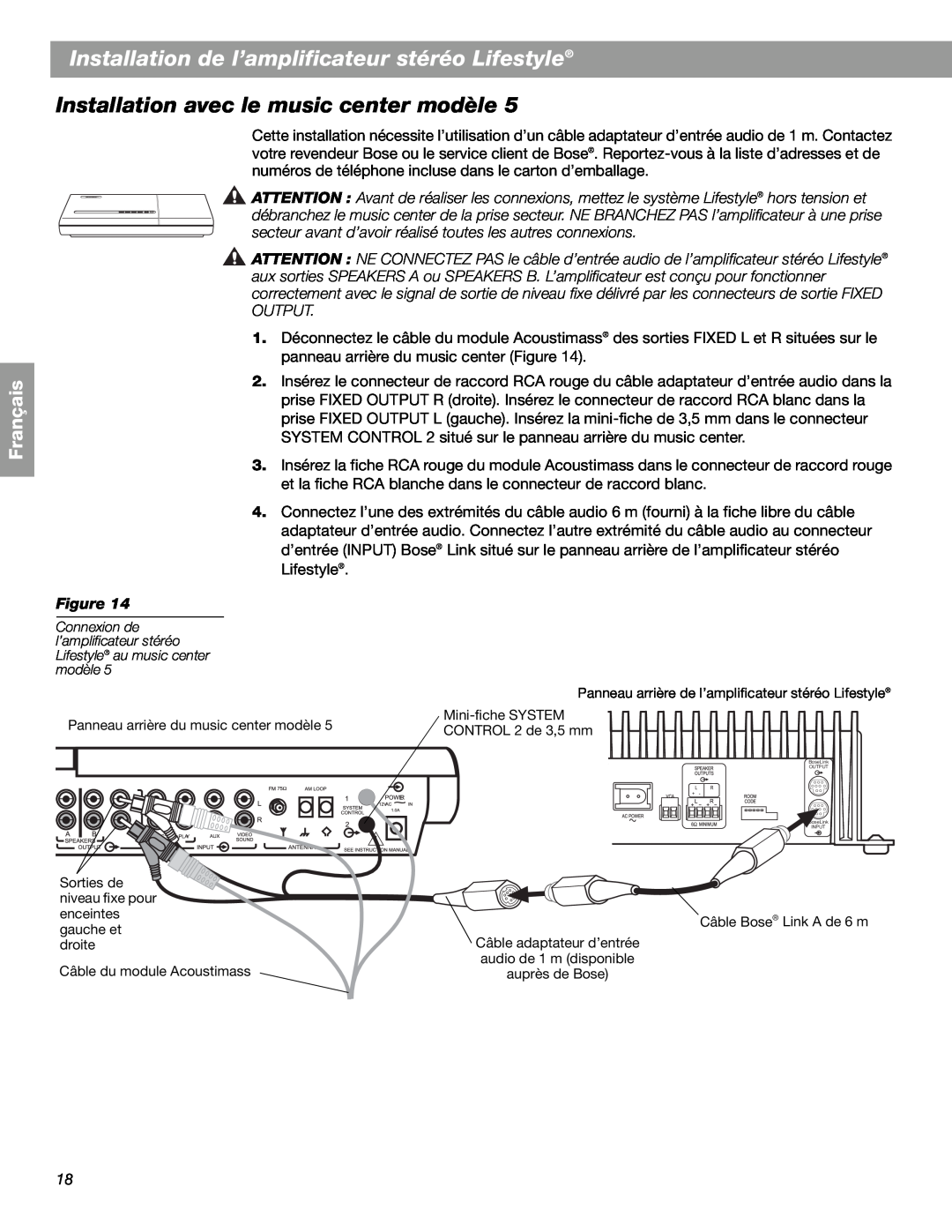 Bose SA-2 Installation de l’amplificateur stéréo Lifestyle, Installation avec le music center modèle, Français, Sorties de 