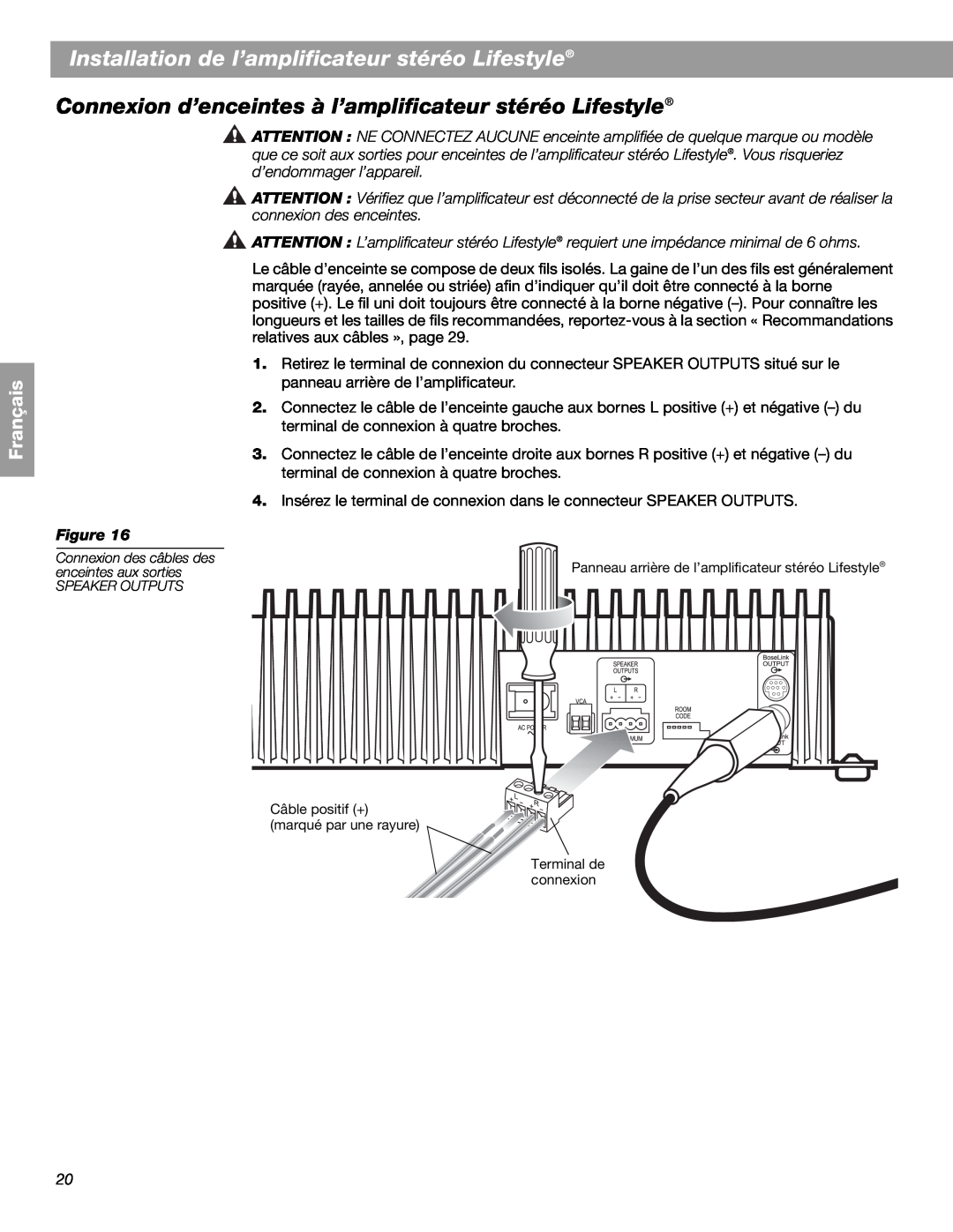 Bose SA-2, SA-3 Connexion d’enceintes à l’amplificateur stéréo Lifestyle, Installation de l’amplificateur stéréo Lifestyle 