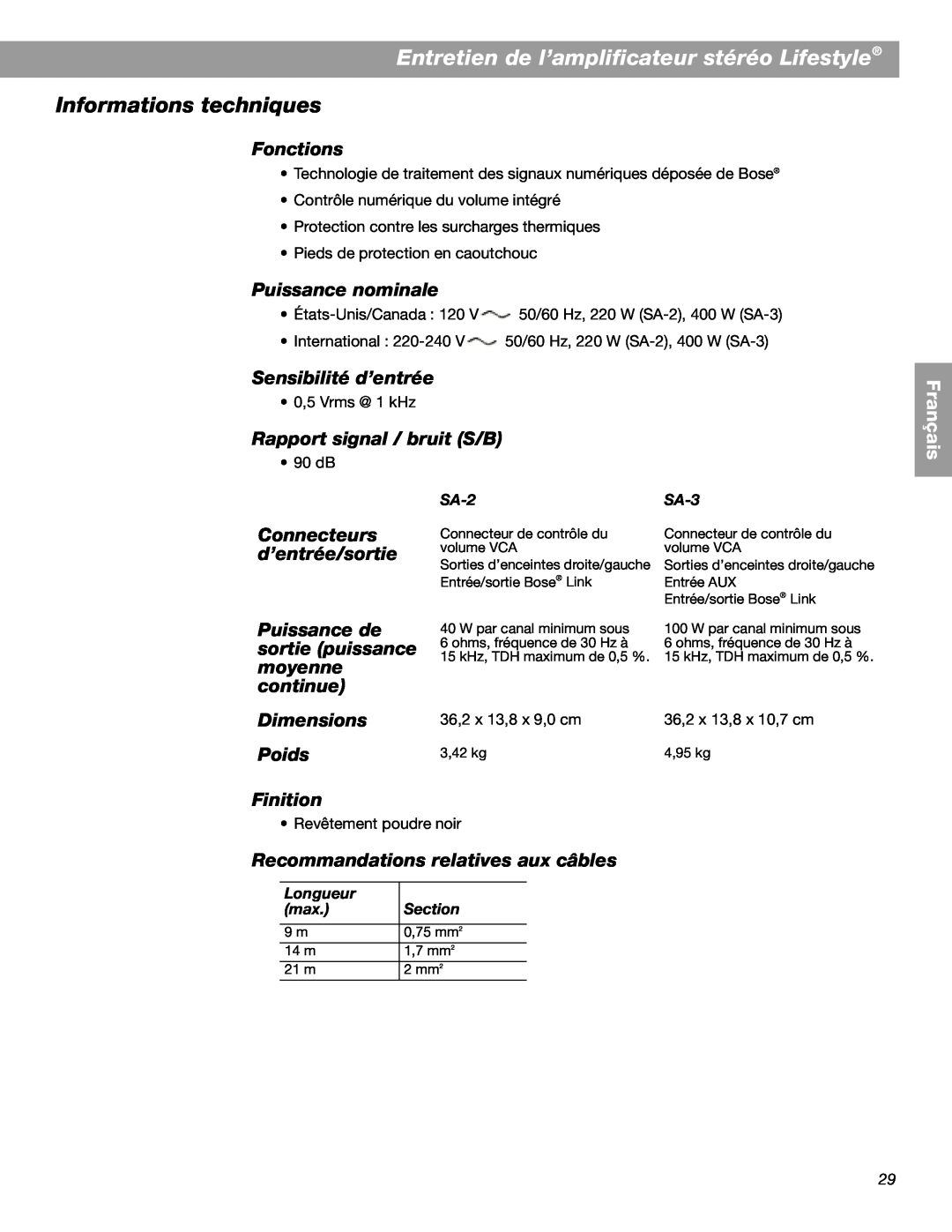 Bose SA-3 Informations techniques, Fonctions, Puissance nominale, Sensibilité d’entrée, Rapport signal / bruit S/B, Poids 