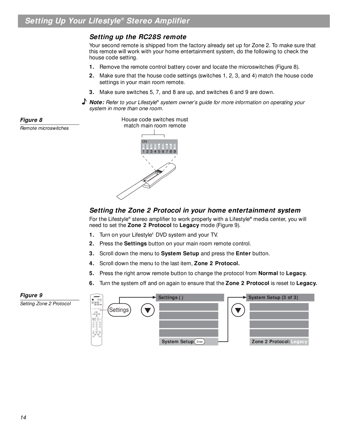 Bose SA-3 manual Setting up the RC28S remote, Setting Zone 2 Protocol 