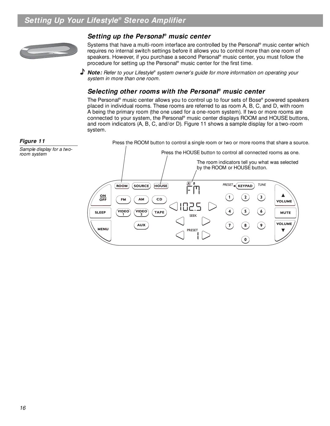 Bose SA-3 manual Setting up the Personal music center, Selecting other rooms with the Personal music center 