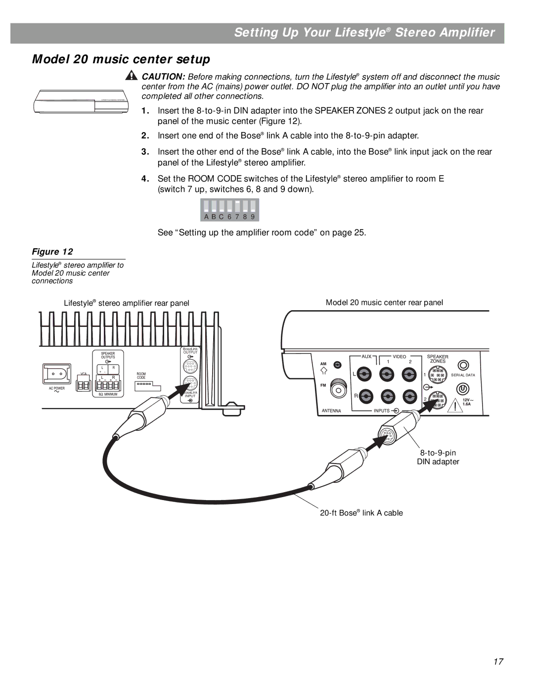 Bose SA-3 manual Model 20 music center setup, See Setting up the amplifier room code on 