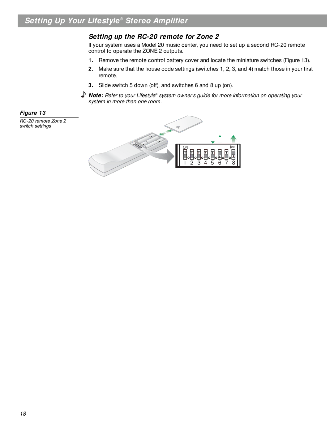 Bose SA-3 manual Setting up the RC-20 remote for Zone 