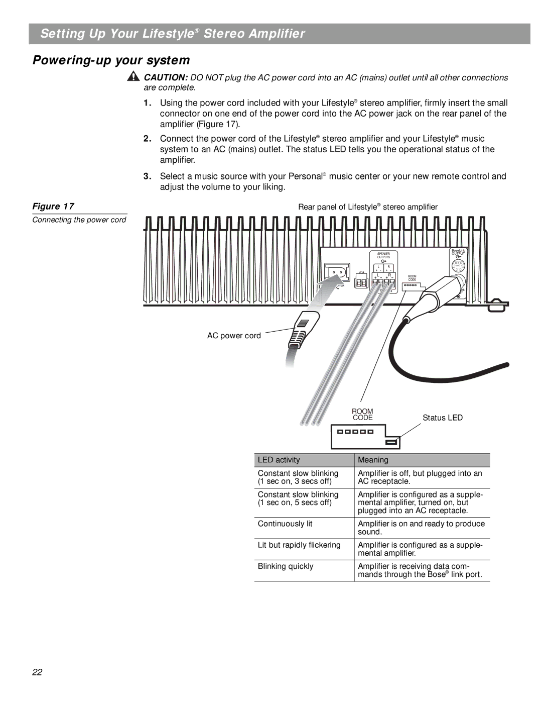 Bose SA-3 manual Powering-up your system, LED activity Meaning 