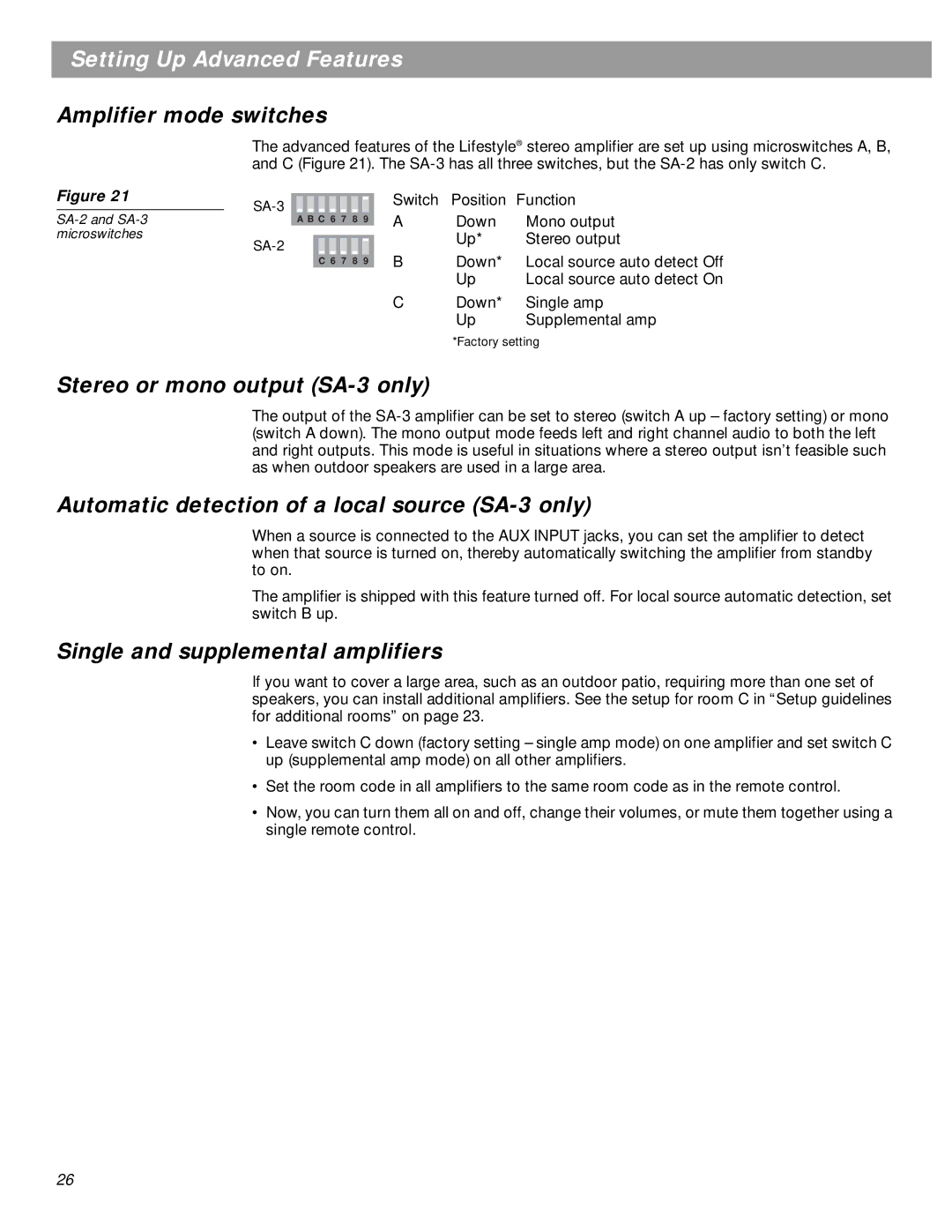 Bose manual Setting Up Advanced Features, Amplifier mode switches, Stereo or mono output SA-3 only 