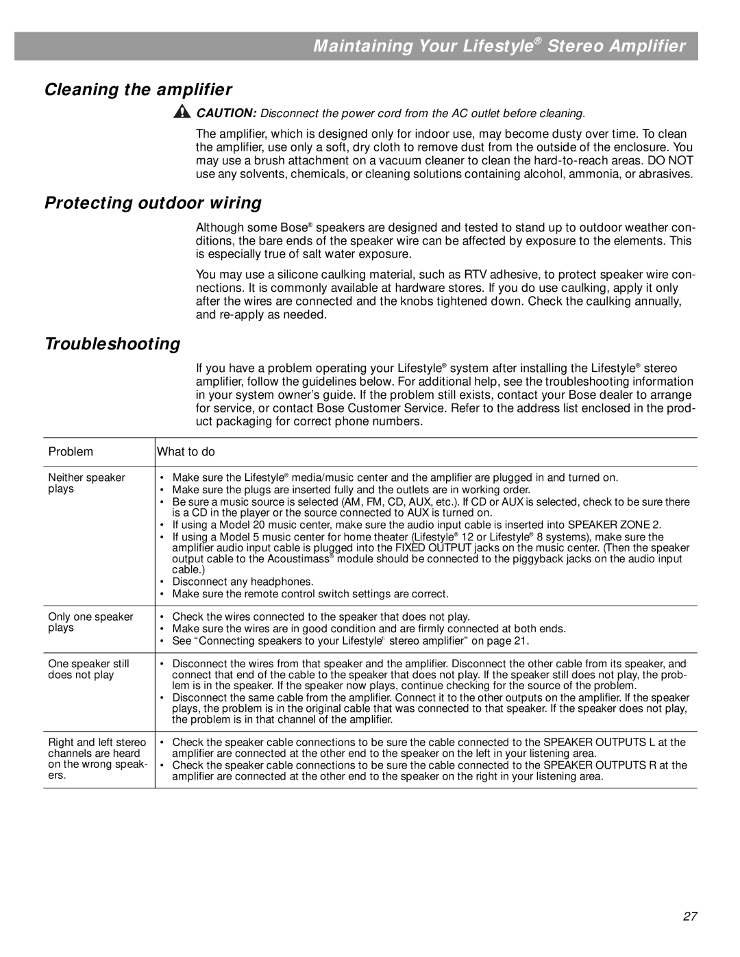 Bose SA-3 Maintaining Your Lifestyle Stereo Amplifier, Cleaning the amplifier, Protecting outdoor wiring, Troubleshooting 