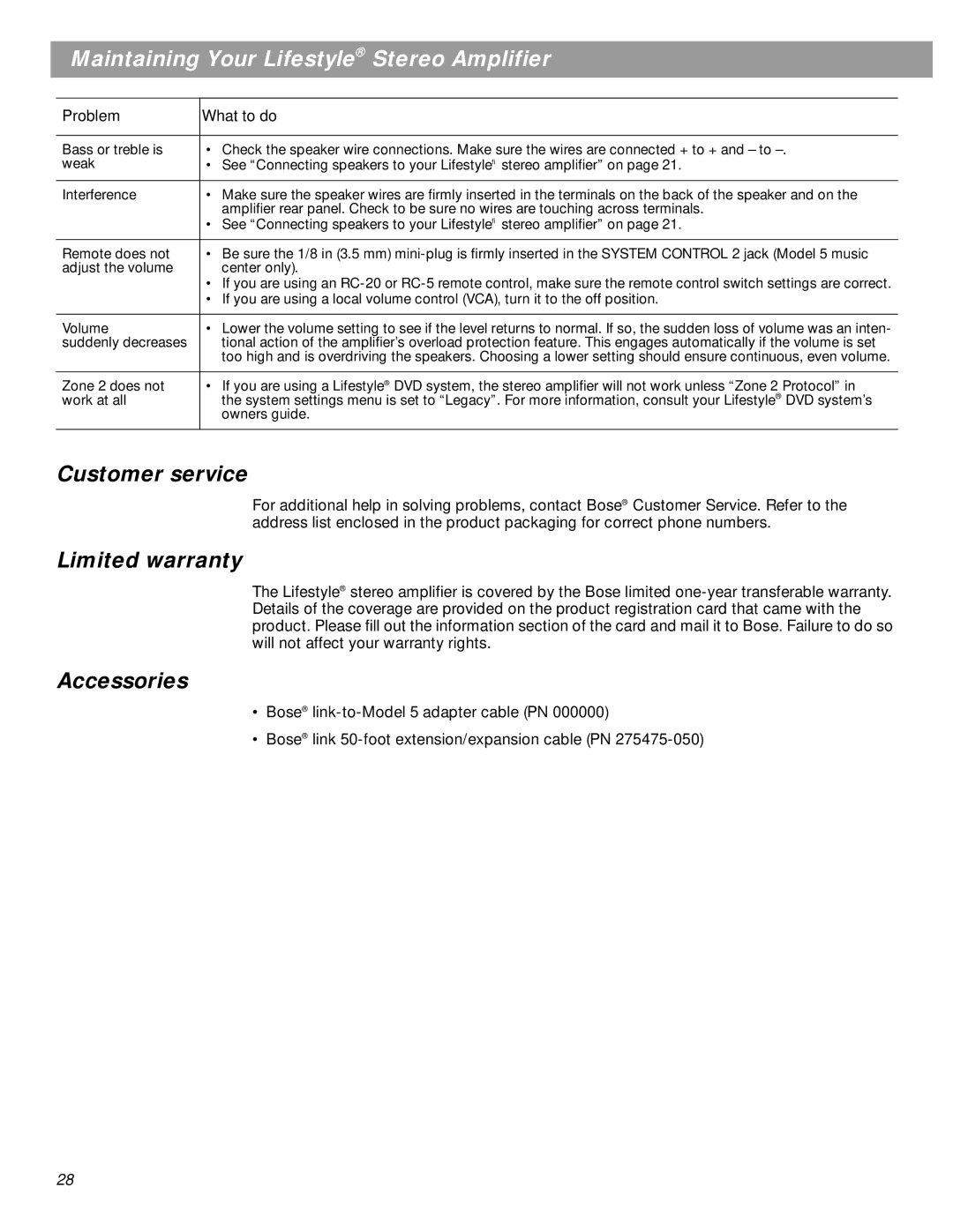 Bose SA-3 manual Customer service, Limited warranty, Accessories 