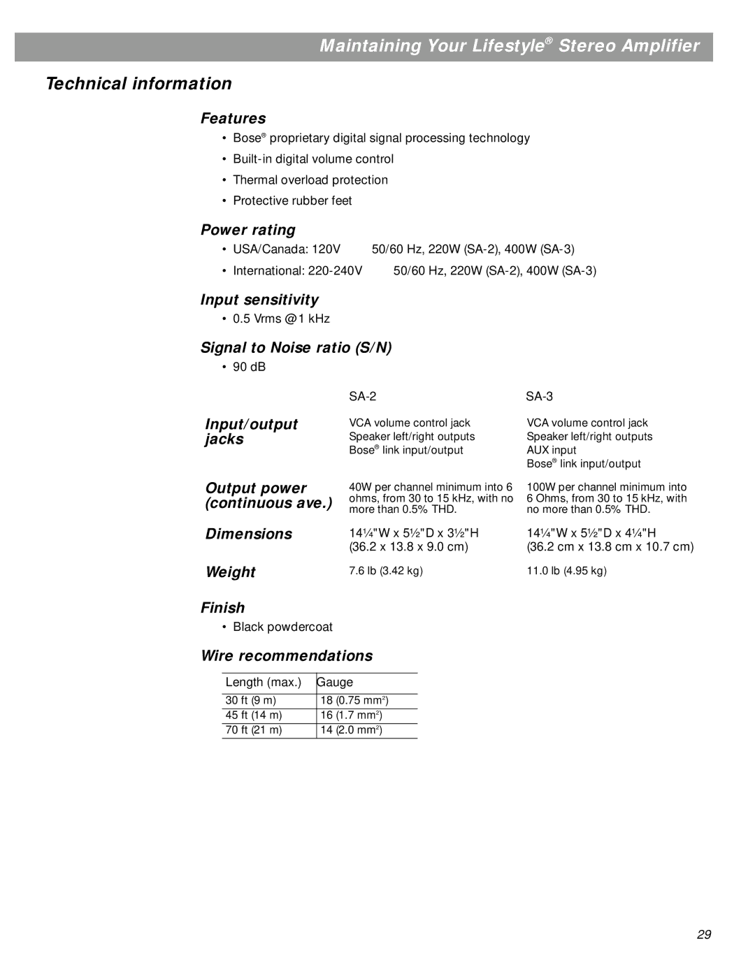 Bose SA-3 manual Technical information 