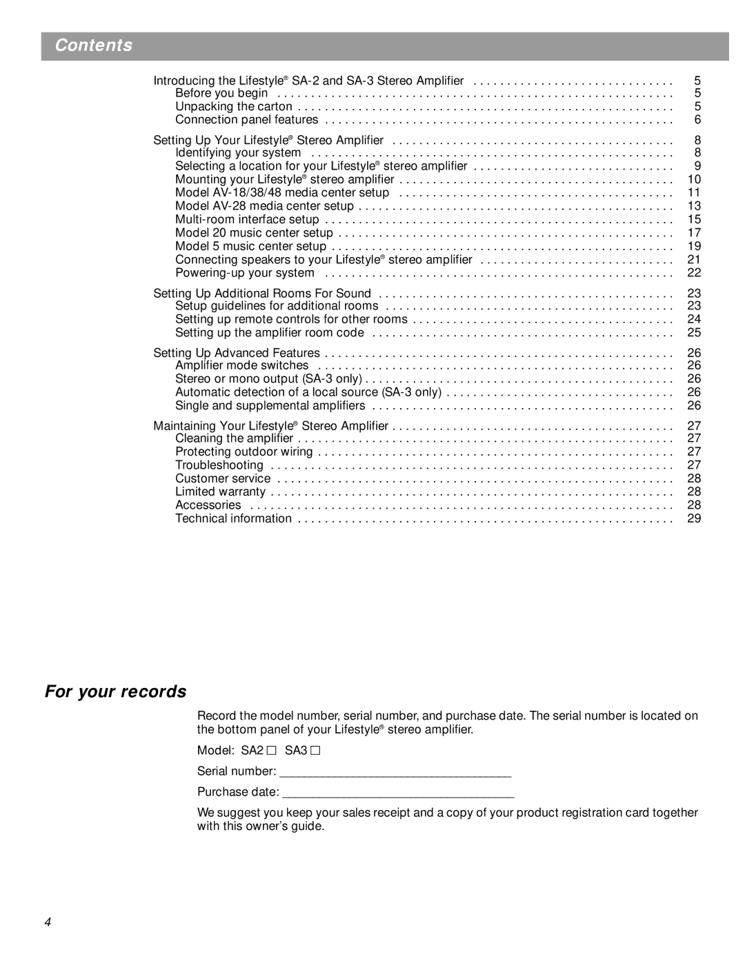 Bose SA-3 manual Contents 