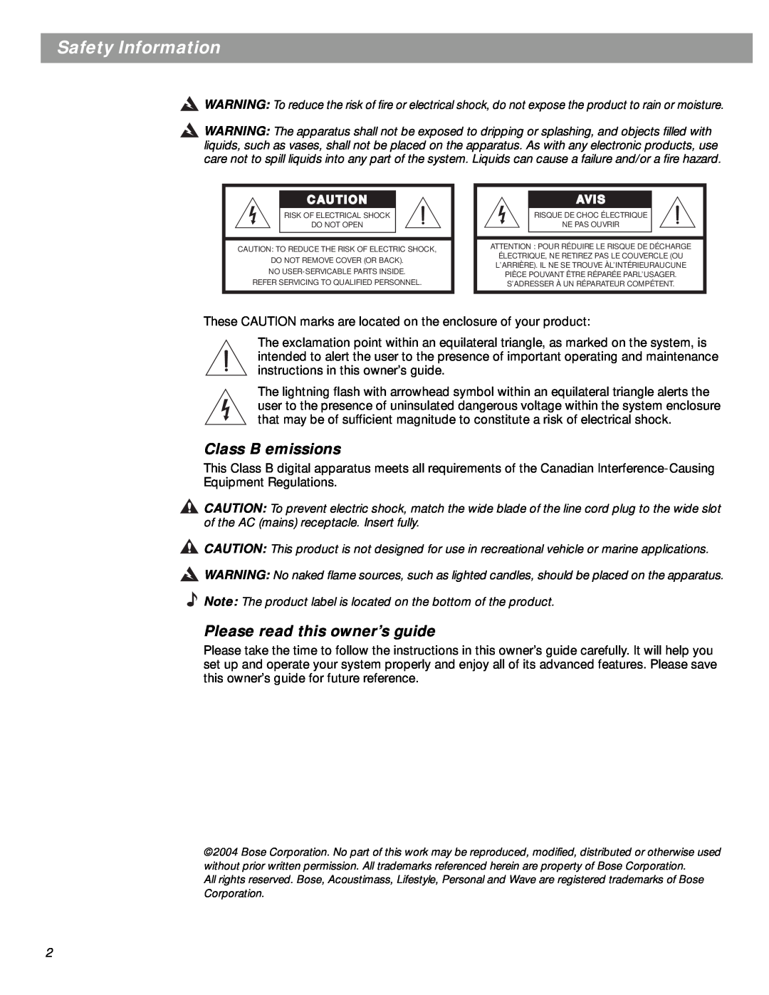 Bose SA-3 manual Safety Information, Class B emissions, Please read this owner’s guide, Avis 