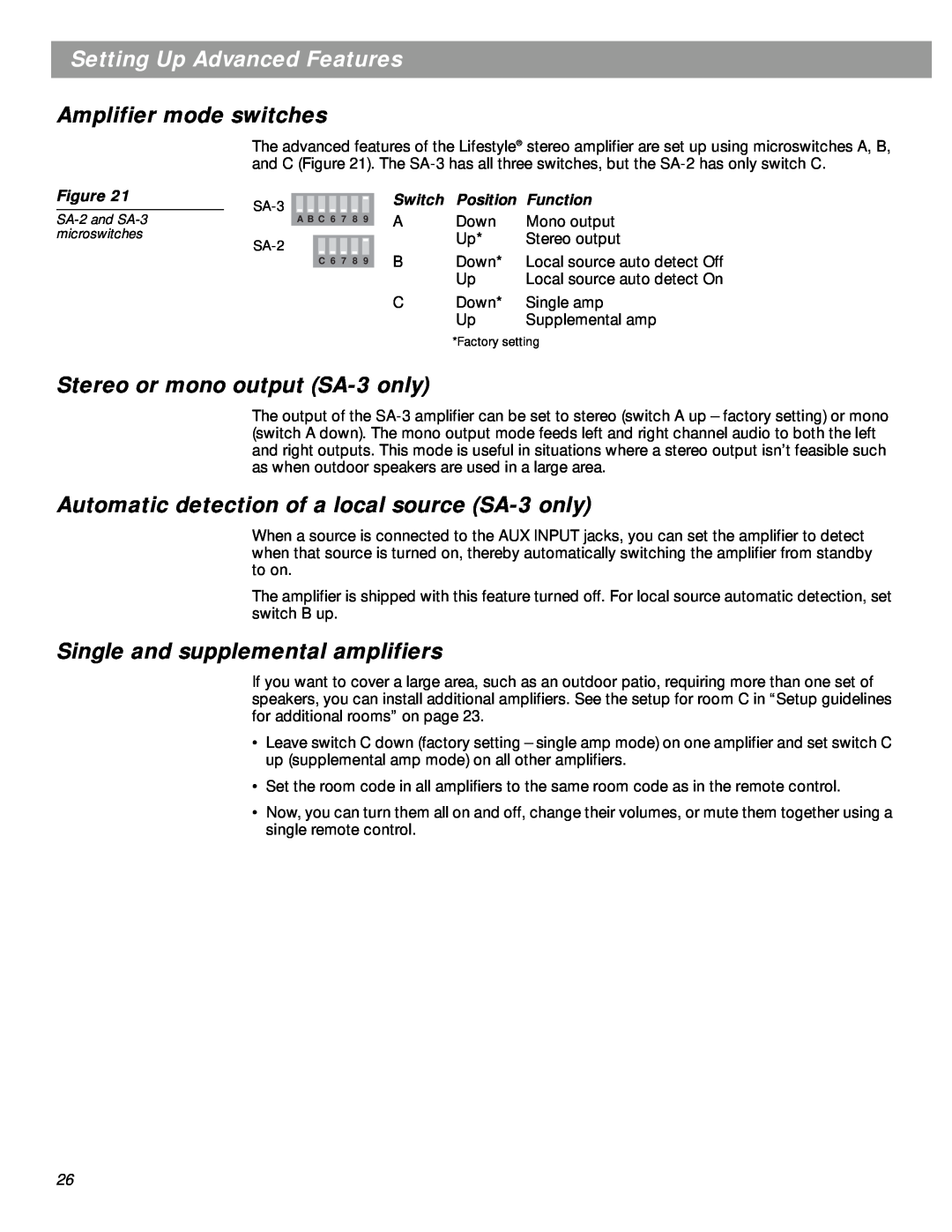 Bose manual Setting Up Advanced Features, Amplifier mode switches, Stereo or mono output SA-3only 
