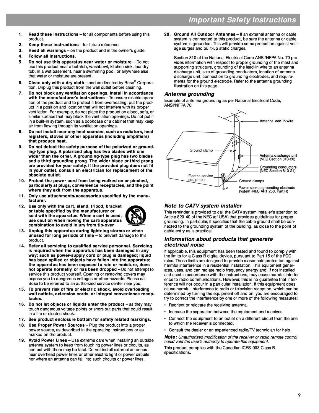 Bose SA-3 manual Important Safety Instructions, Antenna grounding, Note to CATV system installer 