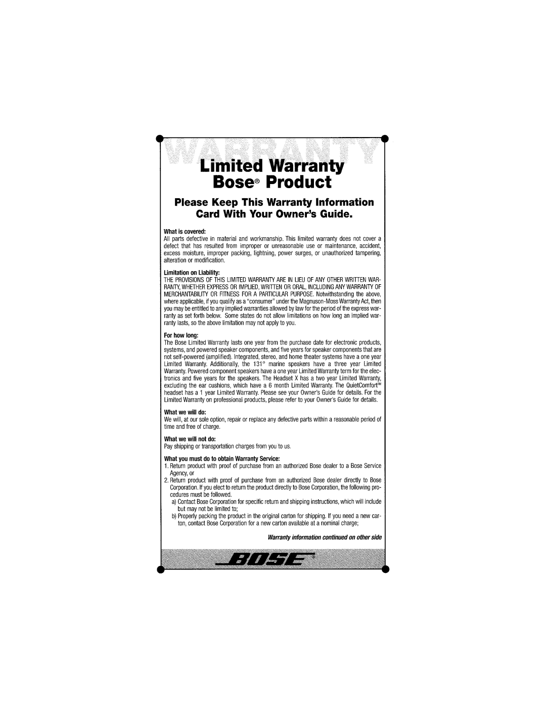 Bose SA-3 Bose Product, Please Keep This Warranty Information, Card With Your OwnersGuide, What is covered, For how long 