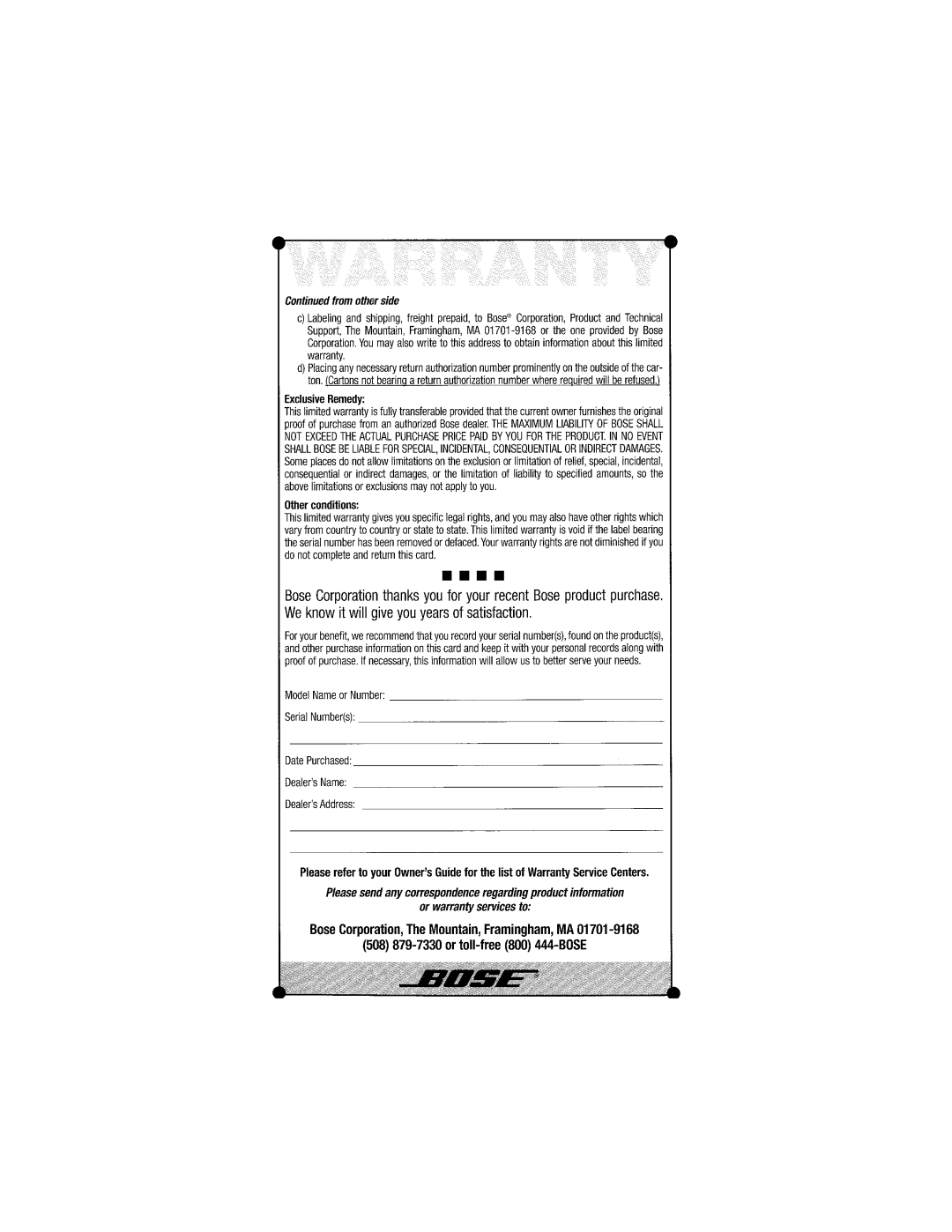 Bose SA-3 or warranty services to, Bose Corporation, The Mountain, Framingham, MA, 508 879-7330or toll-free800 444-BOSE 