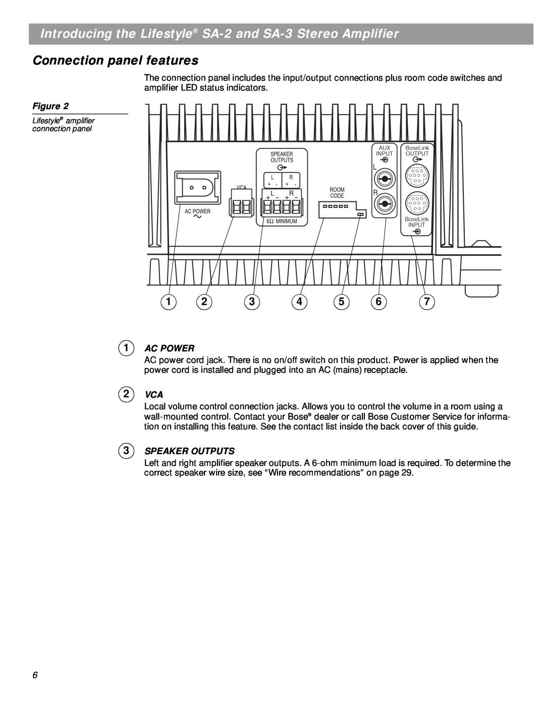 Bose SA-3 manual Connection panel features, 1AC POWER, 2VCA, 3SPEAKER OUTPUTS 