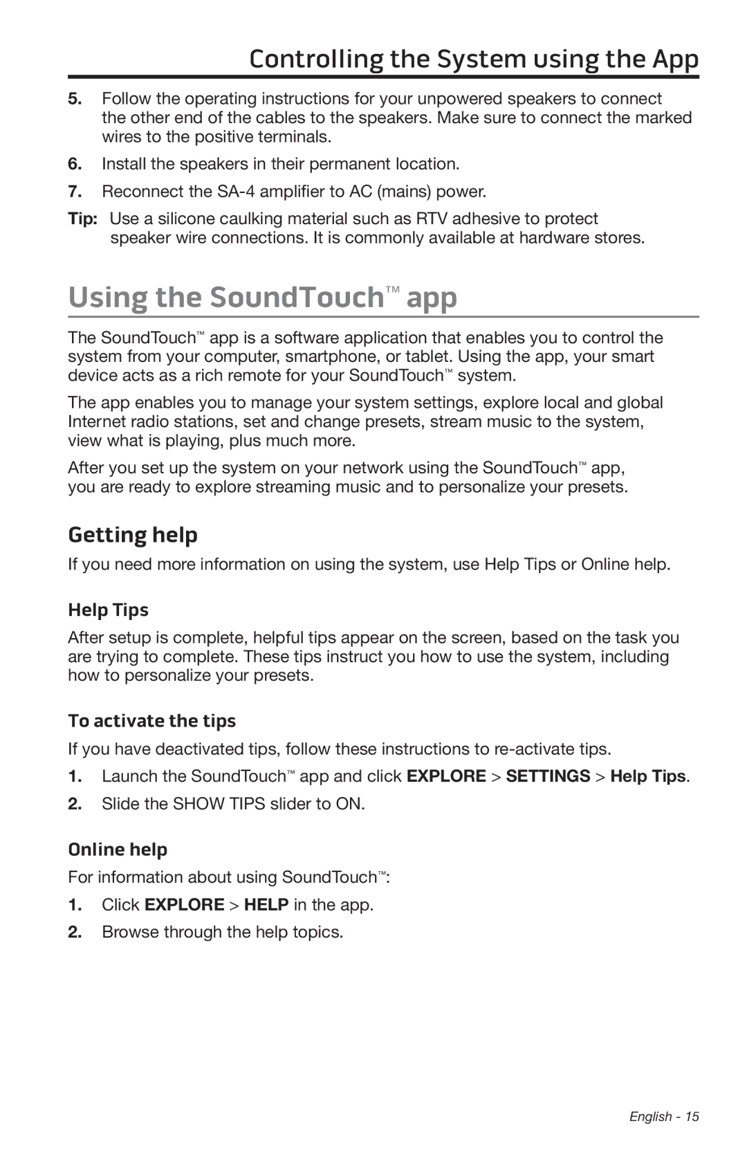 Bose SA-4 manual Using the SoundTouch app, Getting help 