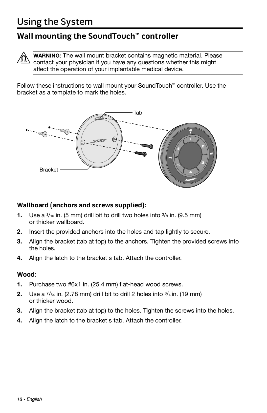 Bose SA-4 manual Wall mounting the SoundTouch controller, Wallboard anchors and screws supplied 