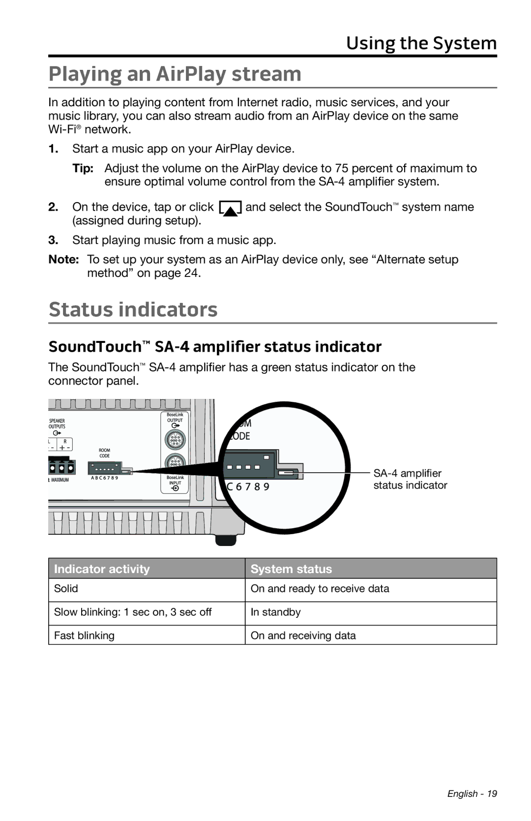 Bose manual Playing an AirPlay stream, Status indicators, SoundTouch SA-4 amplifier status indicator 