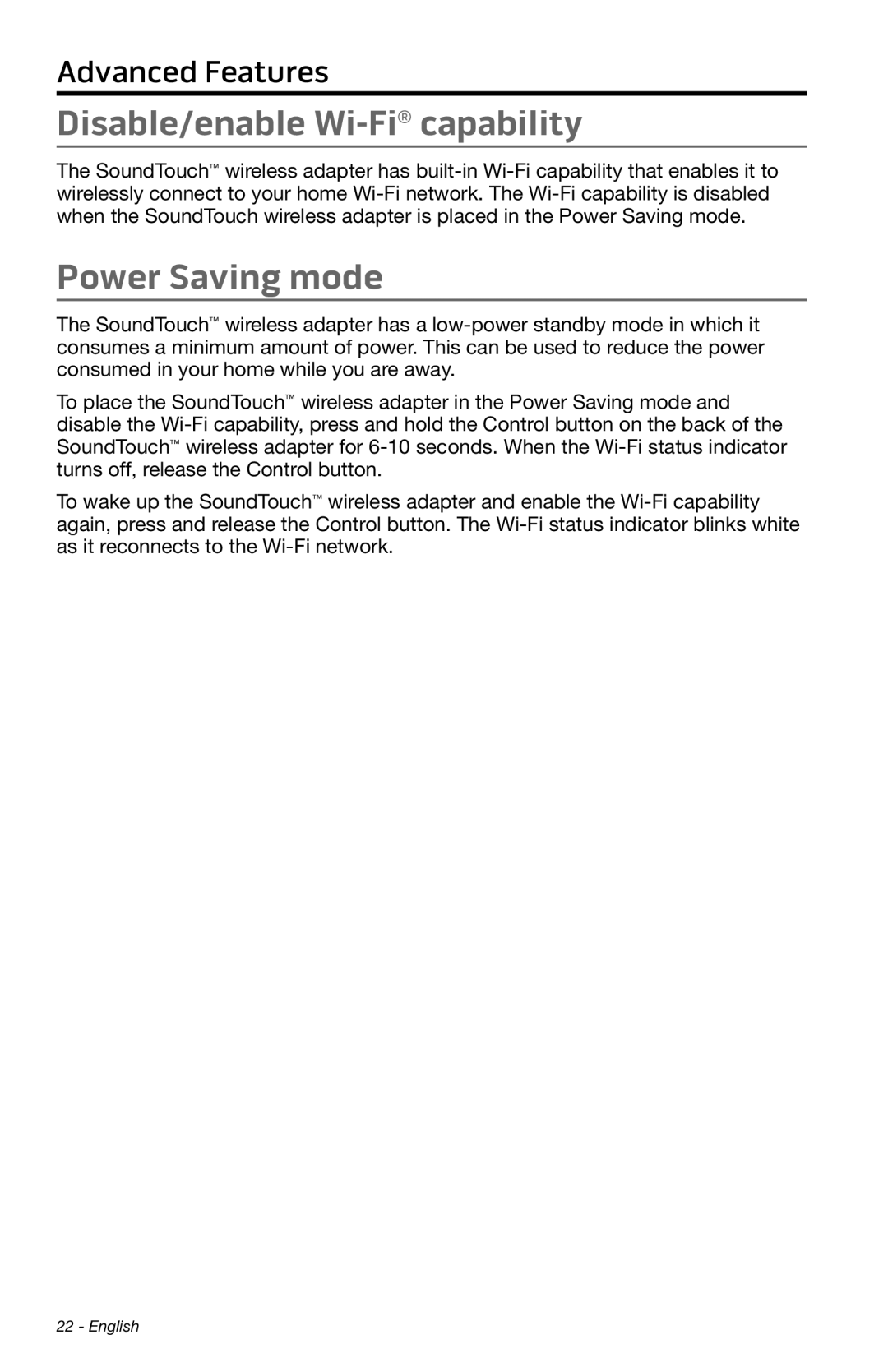 Bose SA-4 manual Disable/enable Wi-Ficapability, Power Saving mode 