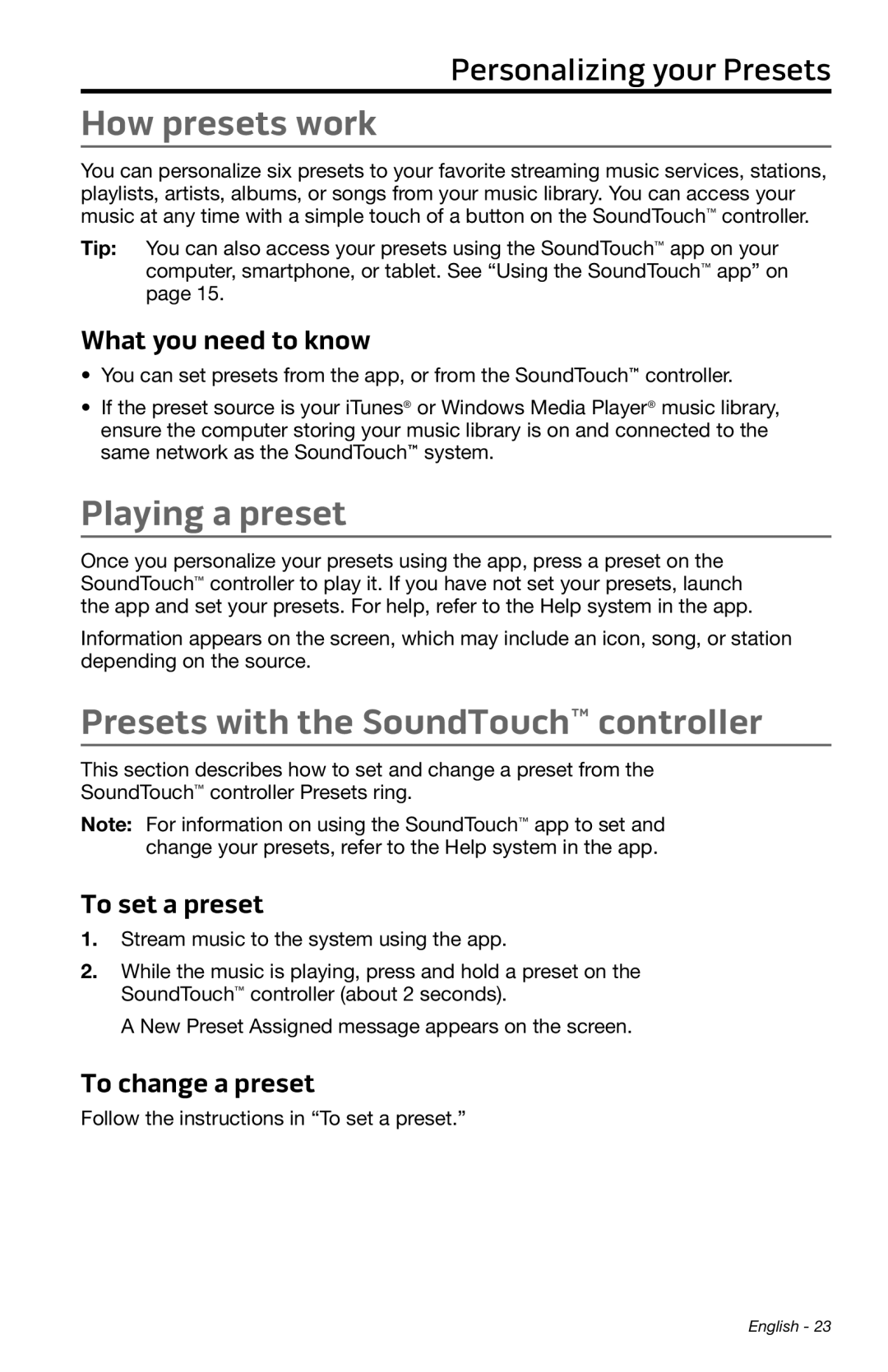 Bose SA-4 manual How presets work, Playing a preset, Presets with the SoundTouch controller 