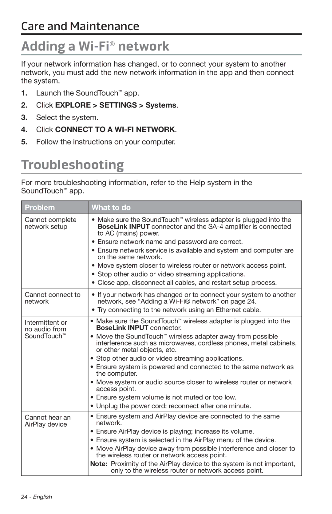 Bose SA-4 manual Adding a Wi-Finetwork, Troubleshooting 