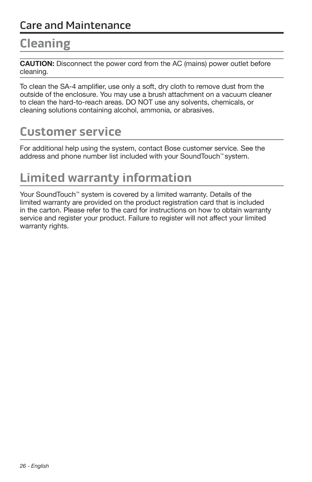 Bose SA-4 manual Cleaning, Customer service, Limited warranty information 